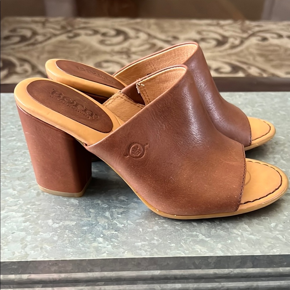 Born Brown Leather Mules with Block Heel